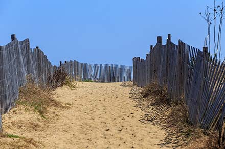 Bethany Beach, DE / USA - April 18, 2015: Fences along the dunewalkway to the beach in Bethany, Delaware.