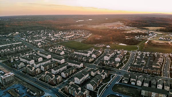 An aerial view of Clarksburg, Maryland at sunset
