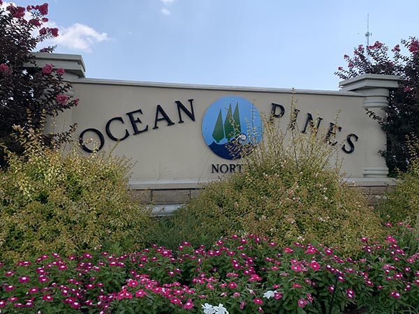 the ocean pines sign is surrounded by flowers